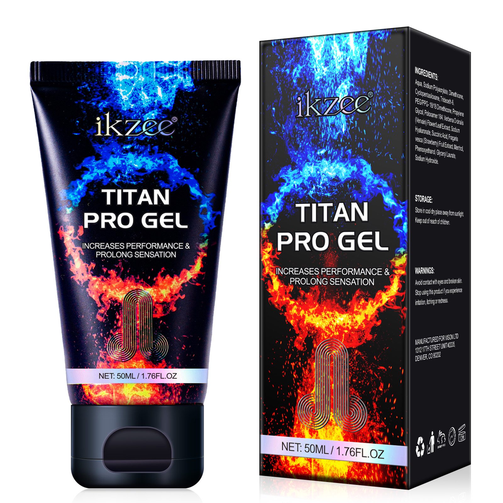 Ikzee Titan Pro Gel tube and matching box with blue and orange flame design, 50 ml packaging visible.