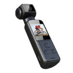 Handheld 3-axis gimbal camera with a small screen showing a mountain biker in action on a trail.