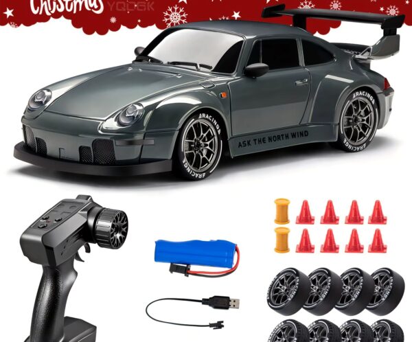RC toy sports car with large rear wing and racing tires, plus remote and accessories on a white background with a Christmas banner above