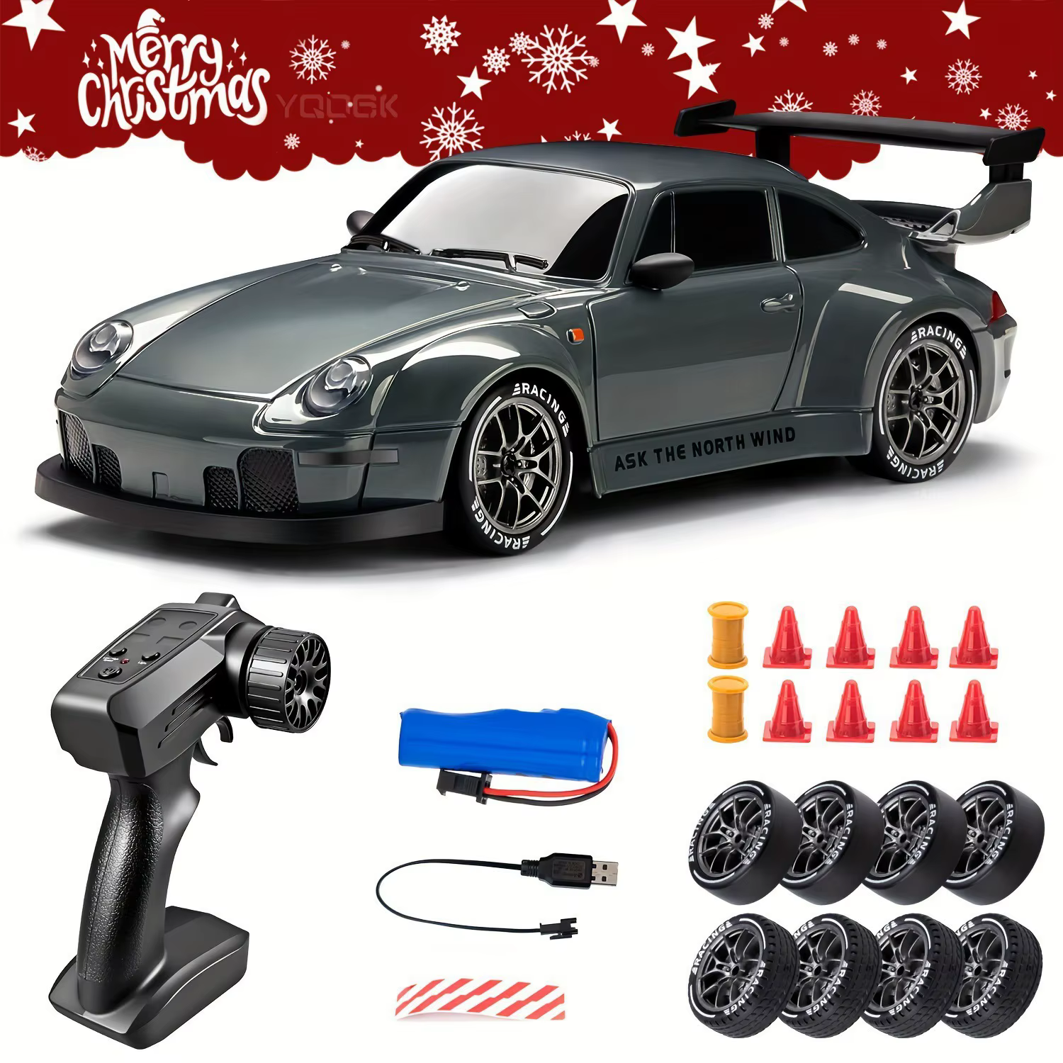 RC toy sports car with large rear wing and racing tires, plus remote and accessories on a white background with a Christmas banner above