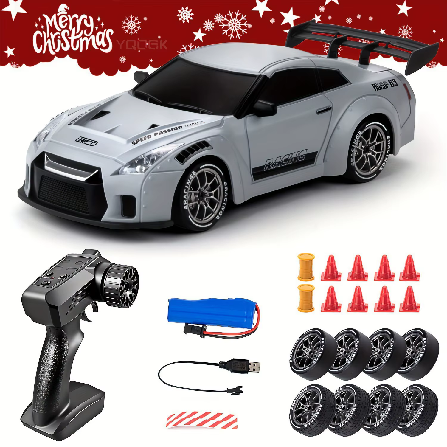 Remote-controlled toy race car with spoiler and racing decals, plus accessories like battery pack and charger fall out around it.