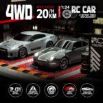 Two RC cars sit on a workshop-style track beneath a bold promo banner advertising 1:24 scale and up to 20 km/h speed.