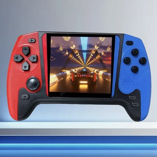 Handheld gaming console with red left grip and blue right grip, displaying a futuristic racing game on its screen.