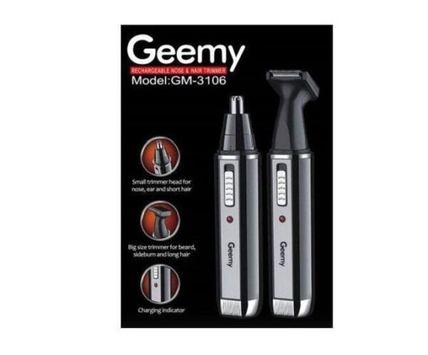 Geemy GM-3106 rechargeable nose and hair trimmer set with two trimmers and a charging indicator on a black background, model GM-3106 visible.