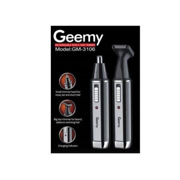 Geemy GM-3106 rechargeable nose and hair trimmer set with two trimmers and a charging indicator on a black background, model GM-3106 visible.