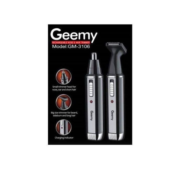 Geemy GM-3106 rechargeable nose and hair trimmer set with two trimmers and a charging indicator on a black background, model GM-3106 visible.