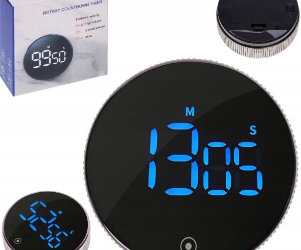 Box labeled 'Rotary Countdown Timer' beside three round timer devices with blue writing and silver rims on white background