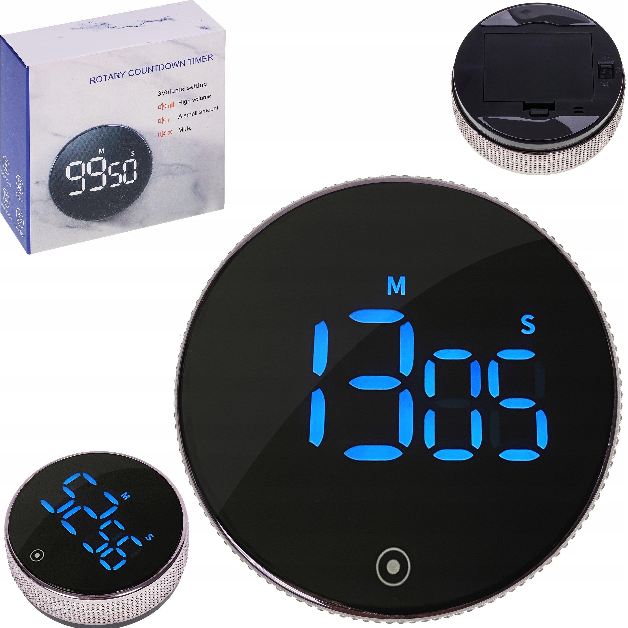 Box labeled 'Rotary Countdown Timer' beside three round timer devices with blue writing and silver rims on white background