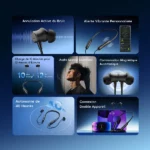 Collage publicitaire de casques et écouteurs sans fil montrant des fonctionnalités: suppression active du bruit, alertes vibrantes et autonomie.