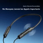 Neckband Bluetooth headset with a built-in vibrating alert, advertising personalized call notifications on a blue gradient background.