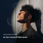 Person wearing a neckband headset, eyes closed, enjoying immersive sound in a promo image for Audio Spatial Sound360.