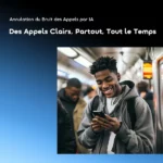 Person on a subway train smiling at a smartphone, illustrating AI-based call noise cancellation for clear calls everywhere.