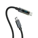 Braided USB-C to USB-C charging cable with a small inline OLED display