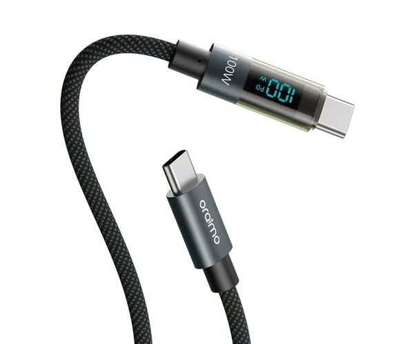 Braided USB-C to USB-C charging cable with a small inline OLED display