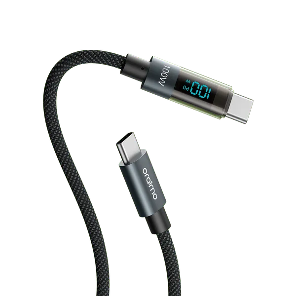 Braided USB-C to USB-C charging cable with a small inline OLED display