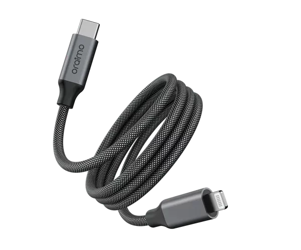 Braided USB-C to Lightning charging cable with Origin branding (USB-C on one end, Lightning on the other).