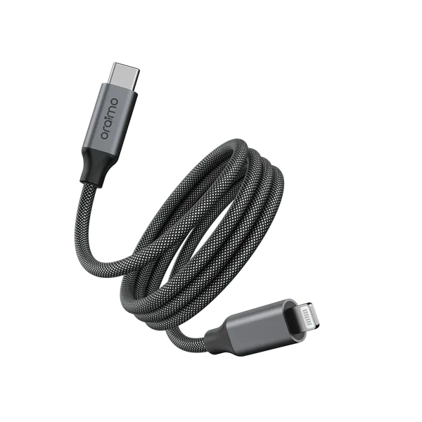 Braided USB-C to Lightning charging cable with Origin branding (USB-C on one end, Lightning on the other).