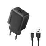Black USB wall charger with European two-prong plug and two attached cables (USB-C and USB-A) for charging devices.