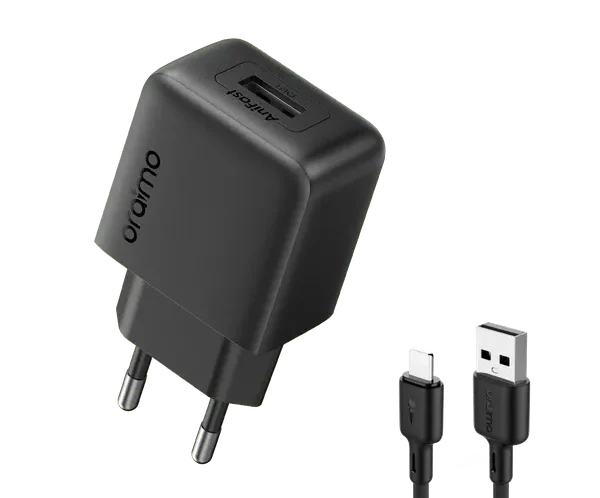 Black USB wall charger with European two-prong plug and two attached cables (USB-C and USB-A) for charging devices.