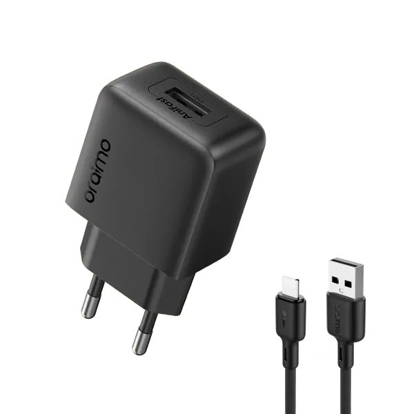 Black USB wall charger with European two-prong plug and two attached cables (USB-C and USB-A) for charging devices.