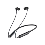 Black wireless neckband earbuds with in-ear tips and control module on the neckband