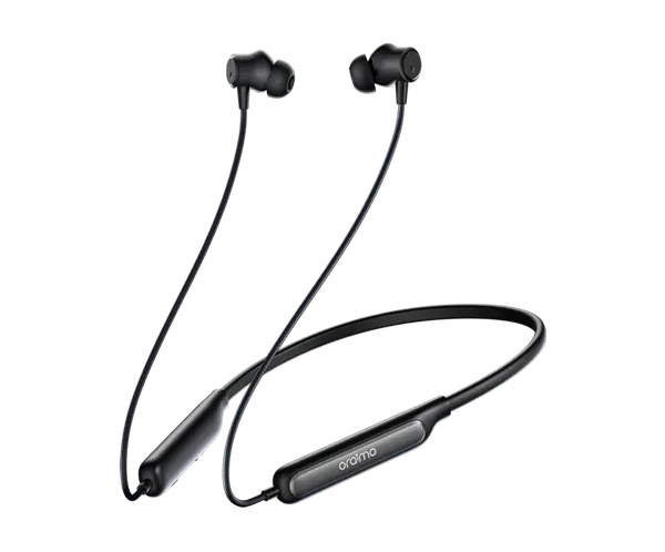 Black wireless neckband earbuds with in-ear tips and control module on the neckband