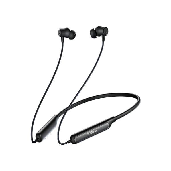 Black wireless neckband earbuds with in-ear tips and control module on the neckband