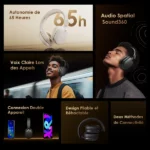 Collage publicitaire affichant des casques et accessoires audio avec les bénéfices: autonomie 65 h, Audio Spatial Sound360, clarté des appels, double connexion, design pliable et rétractable.