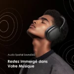 Person wearing over-ear headphones with eyes closed, set against a dark circular-patterned background, promoting Audio Spatial Sound360 immersive music.