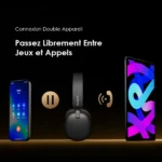 Publicité montrant trois appareils connectés sur fond noir: iPhone à gauche, casque sans fil au centre et tablette à droite.