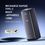 Portable power bank with 130W fast charging (Type-C), 27,600 mAh, shown with AniFast and Flight Friendly logos.