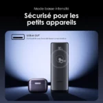 Publicité montrant le mode basse intensité pour sécuriser les petits appareils, avec un smartphone vertical et un boîtier compact sur un fond bleu sombre.
