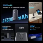 Collage advertising a 27,600 mAh power bank with 130W fast charging and an LED display screenshot.