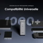 Publicité: banque d’alimentation centrale entourée d’appareils (ordinateur portable, smartphone, tablette, manette) affichant le message « Compatibilité Universelle » et « 1000+ »