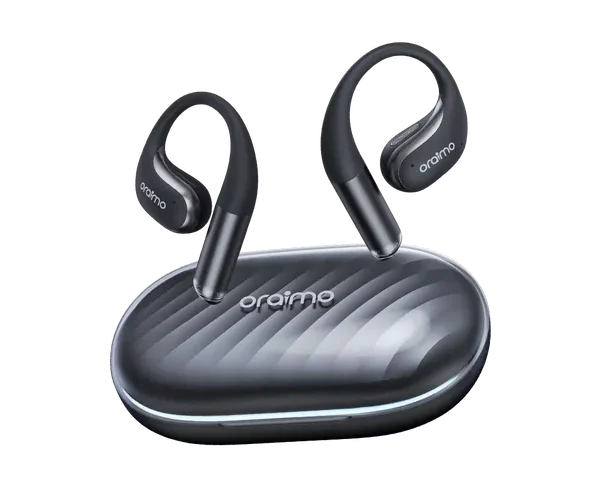 Wireless black earbuds with a matching charging case labeled 'oraimo' for Bluetooth headphones