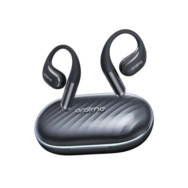 Wireless black earbuds with a matching charging case labeled 'oraimo' for Bluetooth headphones