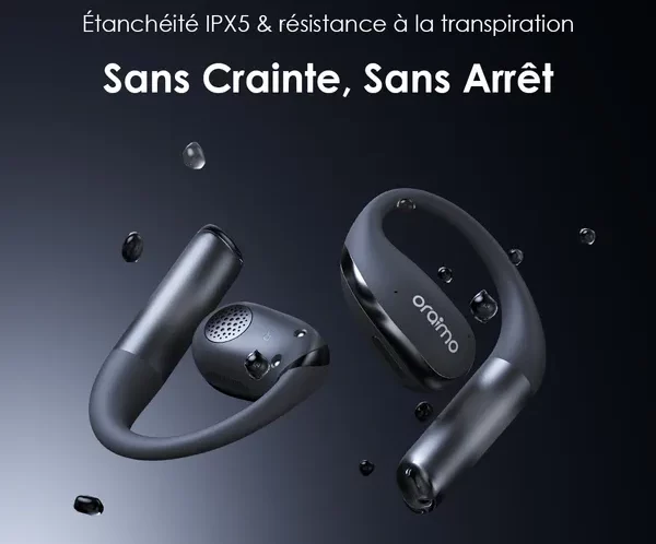 Wireless earbuds with IPX5 water resistance floating in a dark gradient background.