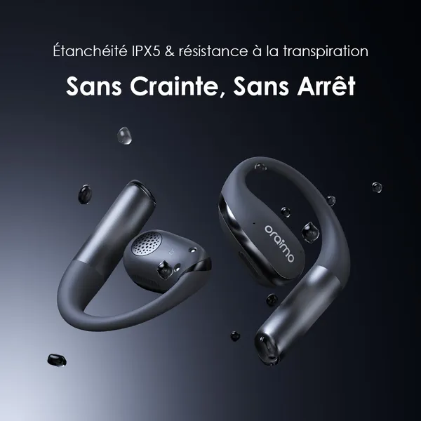 Wireless earbuds with IPX5 water resistance floating in a dark gradient background.