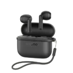 Black true wireless earbuds in an open charging case with a green LED indicator and a carrying lanyard attached nearby.