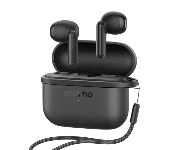 Black true wireless earbuds in an open charging case with a green LED indicator and a carrying lanyard attached nearby.