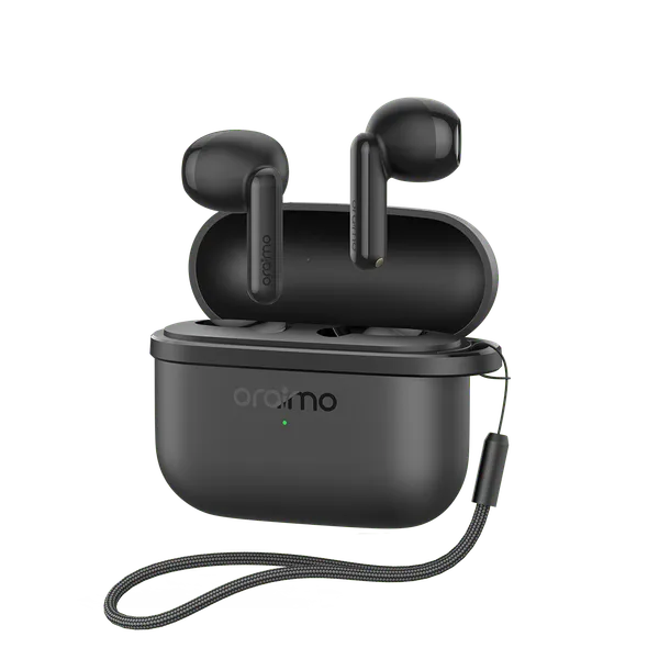 Black true wireless earbuds in an open charging case with a green LED indicator and a carrying lanyard attached nearby.