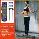 Woman standing on a resistance-band training board, using handles; accessories shown on the left side of the image.