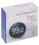 Boxed rotary countdown timer packaging with a large circular digital display on the front and blue side panel accents.