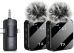 Wireless microphone set: two TX bodypack transmitters with furry windscreen and a dual-channel receiver with windscreen covers