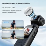 Gimbal-style handheld camera showcasing high-definition capture, with overlays labeled '4K Ultra HD' and 'Qualité standard'