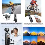 Collage showing cycling gear for video recording: riders on road and trail with action cameras, a microphone setup, and a smartphone control unit.