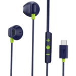 Blue wired in-ear headphones with silicone tips and an inline remote with plus, minus, and circle buttons, and a USB adapter on the end.
