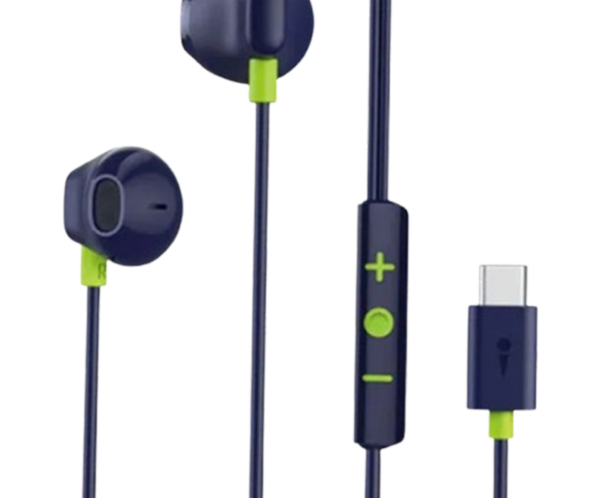 Blue wired in-ear headphones with silicone tips and an inline remote with plus, minus, and circle buttons, and a USB adapter on the end.