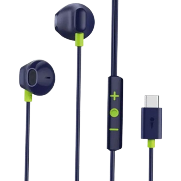 Blue wired in-ear headphones with silicone tips and an inline remote with plus, minus, and circle buttons, and a USB adapter on the end.