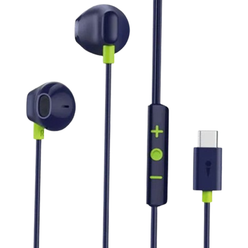 Blue wired in-ear headphones with silicone tips and an inline remote with plus, minus, and circle buttons, and a USB adapter on the end.
